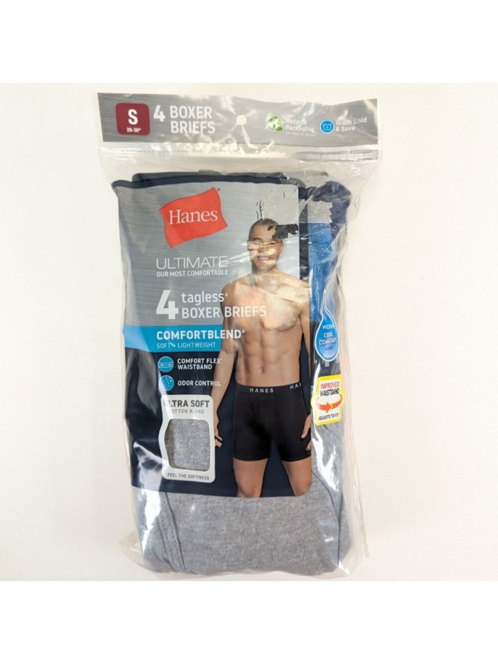 Hanes Ultimate Mens Small Boxer Briefs 4-Pack Tagless Gray Black Lightweight